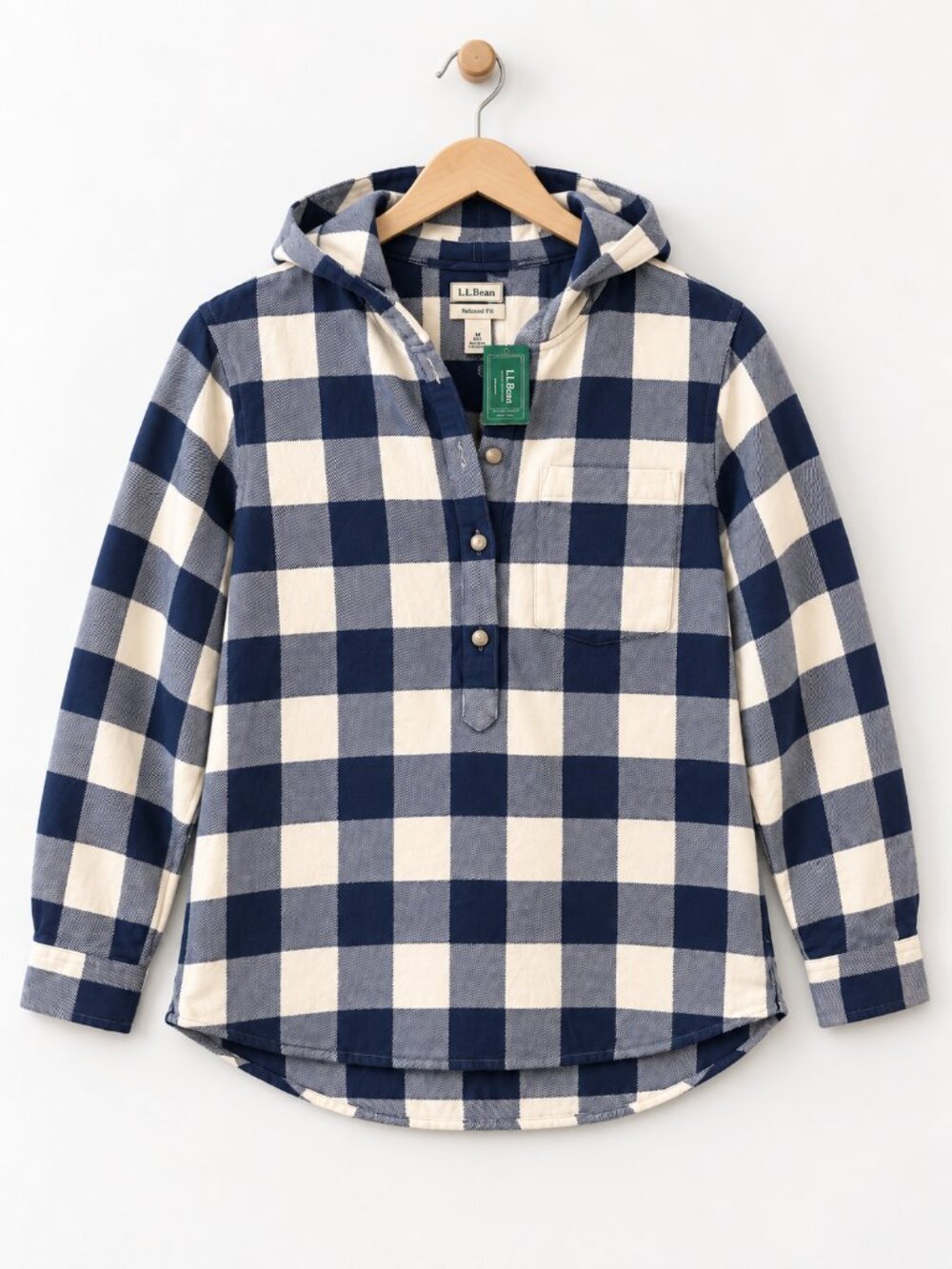 NWT L.L.Bean Navy Cream Buffalo Plaid Hooded Cotton Pullover M Petite